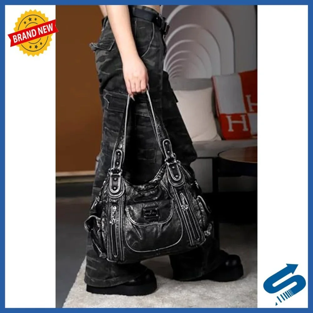 Large Hobo Tote Shoulder Bag Faux Leather Multipocket Satchel Purse